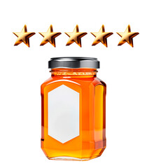 Pote de vidro com mel de abelha com avalia&ccedil;&atilde;o positiva de 5 estrelas
