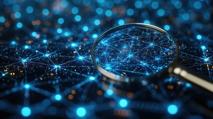A magnifying glass unveils a digital network of luminous, blue icons, each pulsating with an inner light, hinting at the secrets held within 