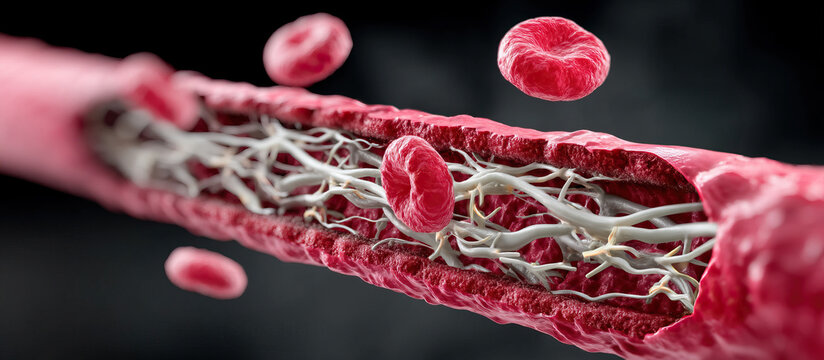 Red blood cell hyperlipidemia concept showing blood vessel with cells and complex network of white fibers inside artery