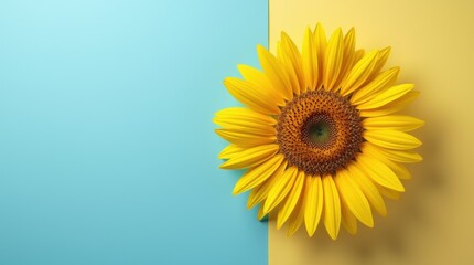 Obraz premium Yellow flower on blue wall background 