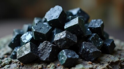 Black tourmaline crystal pile, rough, raw, natural mineral texture background. 