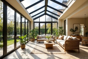 Bright sunlit orangery installation, filled with wicker furniture, natural light, potted plants, warm ambiance, inviting space. Concept of orangery installation showcases relaxation, renovation.