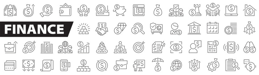 Finance icon set. Money and Payment icon set. Loan, cash, saving, financial goal, profit, budget, mutual fund, earning money, financial report, pay, banking and more. Vector illustration