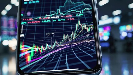 Vibrant market data graphs dynamically spreading across smartphone screen, revealing financial trends within blurred professional workspace, highlighting digital investment analytics - Powered by Adobe