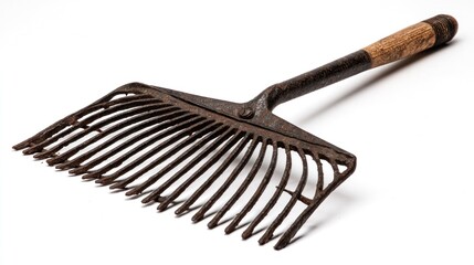 Vintage Metal Garden Rake with Wooden Handle on White Background for Agricultural and Landscaping Uses