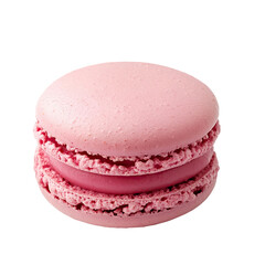 A single, pink macaron with a pink cream filling