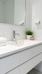 Fototapeta premium Sparkling clean white bathroom, fresh towels neatly folded, gleaming surfaces, and minimalist decor A perfect representation of pristine housekeeping , cleanliness, organized, rest
