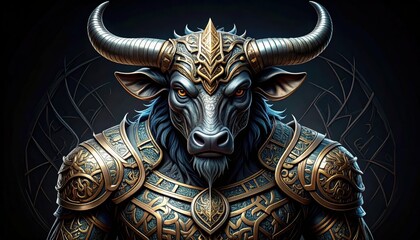 Obraz premium Fierce Armored Minotaur in Elaborate Armor Facing Dark Labyrinth Background
