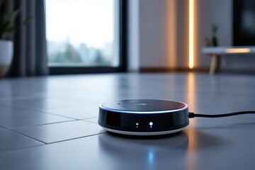 Black and white robot vacuum cleaner with floor level sensor use on tiled floor in minimalist living room. Concept of floor level sensor use in renovation, modern design, and ambiance.