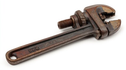 Vintage Adjustable Wrench in Rusty Condition on White Background for Industrial and Mechanical Photography
