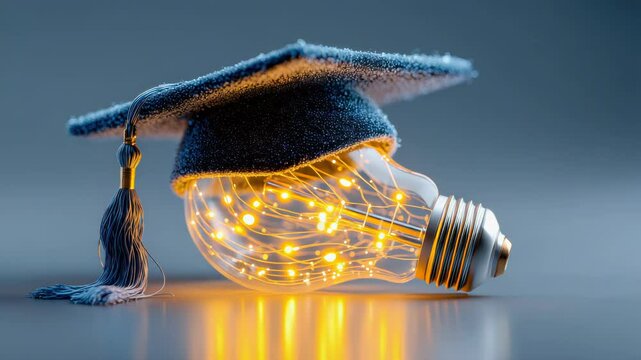A modern lightbulb filled with glowing fiber optic lights, wearing graduation cap, representing smart education