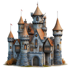 Fototapeta premium Majestic medieval castle with stone walls, conical towers, and lit windows