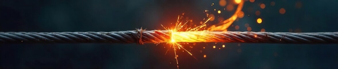 Obraz premium A frayed electrical wire, sparking and about to ignite, symbolizes the volatile nature of pent-up aggression and the potential for sudden eruption of violence , risk, breaking point