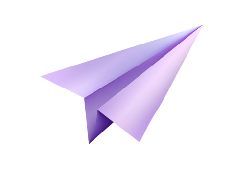 A digitally rendered lavender-colored paper airplane, sharply folded with subtle shading and highlights, suggesting a three-dimensional form against a black background