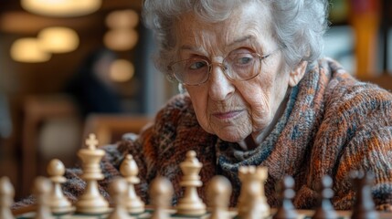 Senior woman playing chess in a senior center