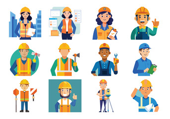 Naklejka premium Diverse Construction Professionals Vector Set | Flat Character Illustrations in Safety Gear