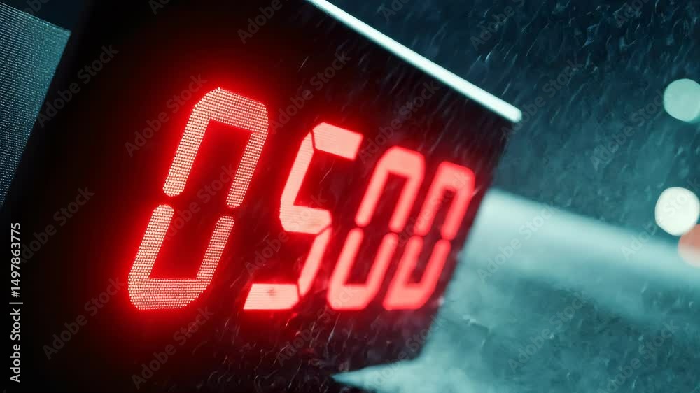 Poster glowing red digital numbers displayed on a rainy surface, emphasizing urgency or countdown in a futu