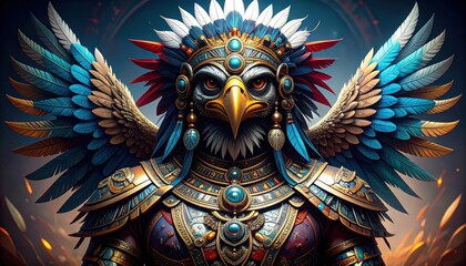 Majestic Aztec Warrior with Feathered Armor and Fierce Eagle Features