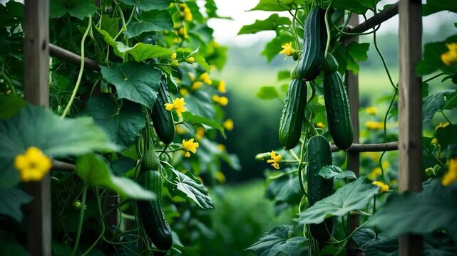 Cucumbers climbing on a trellis