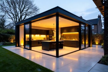 Fototapeta premium Modern orangery installation with black glazed kitchen, large island, lush garden at night. Concept of elegance and minimalism in orangery installation, perfect renovation space.