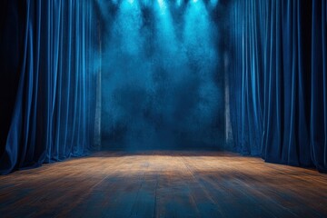 Empty stage with blue curtains and spotlights