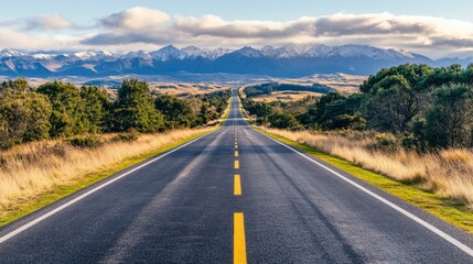 Naklejka premium Asphalt Road to Snowy Mountains Landscape Photography, Long Exposure, Scenic Route, New Zealand, Travel, Road Trip New Zealand, Landscape Photography
