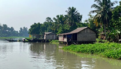 Obraz premium Serene Bangladeshi Riverine Farmhouse with Traditional Boat Access
