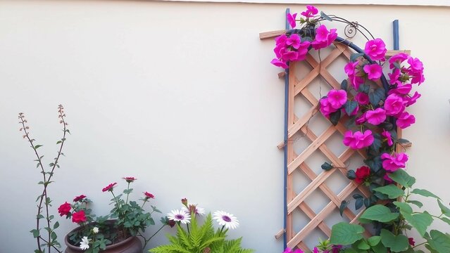 Ein dekoratives Holzspalier mit Kletterpflanzen und bunten Blumen &ndash; stilvolle Gartengestaltung f&uuml;r Hausw&auml;nde und Terrassen.