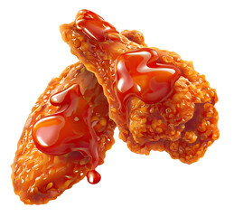 Two crispy, golden-brown chicken wings, glistening with a rich, glossy, reddish-brown sauce, are presented against a black background.  The wings appear juicy and flavorful, with visible texture