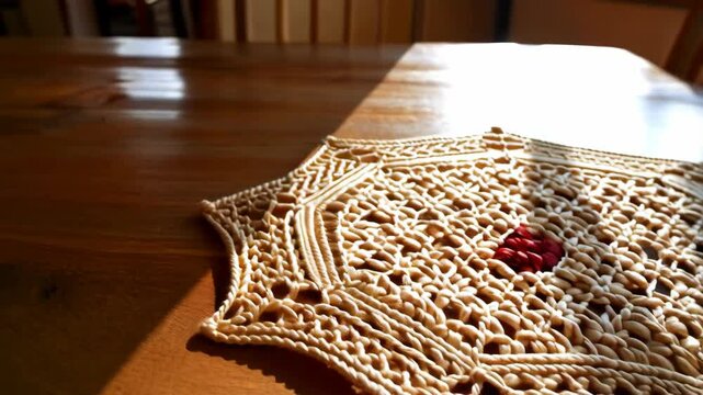 Artisanal macrame doily on wooden table bathed in sunlight with red botanical accents in the center, textile art close up