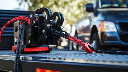 Close-up of Tow Truck Winch with Red and Black Ropes, Recovery Equipment, Towing, Vehicle Transport Towing, Recovery