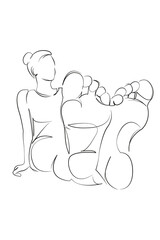 One continuous single drawing line art flat doodle foot, girl, leg, relaxation, bare, barefoot, woman, child. Isolated image hand draw contour on a white background, hand drawn, not AI