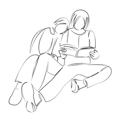 One continuous single drawing line art flat doodle child, education, learning, reading, student, girl, textbook. Isolated image hand draw contour on a white background, hand drawn, not AI