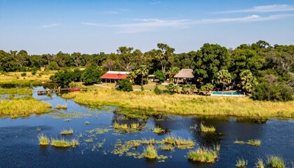 Obraz premium Scenic Lodge Overlooking Okavango Delta Wetland in Botswana