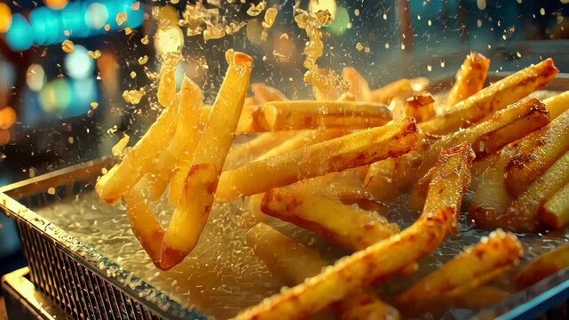 Crispy golden French fries sizzling in deep fryer under vivid night street lights with oil droplets splashing