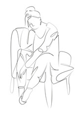 One continuous single drawing line art flat doodle chair, contemplation, sitting, female, lifestyle, sadness. Isolated image hand draw contour on a white background, hand drawn, not AI