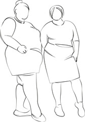 One continuous single drawing line art flat doodle woman, friend, lifestyle, overweight, fat, body, female. Isolated image hand draw contour on a white background, hand drawn, not AI