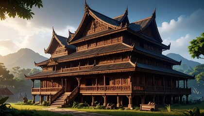 Fototapeta premium Intricate Traditional Burmese Carved Wood Farmhouse in Nature
