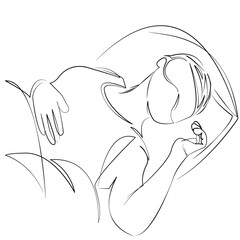 One continuous single drawing line art flat doodle woman, sleeping, goggles, sleep, face, resting, female. Isolated image hand draw contour on a white background, hand drawn, not AI