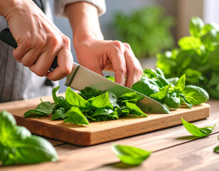 Green herbs like basil are being chopped finely on a wooden surface, releasing their fresh aromatic fragrance.