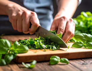 Green herbs like basil are being chopped finely on a wooden surface, releasing their fresh aromatic...