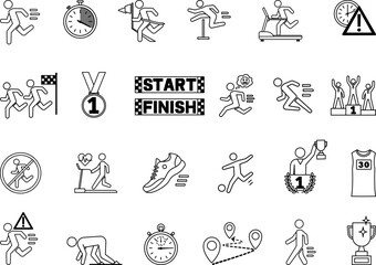 Running Icon Set. Vector Illustrations Race, Trophy, Sprint, Distance, Hurdles, Finish, Start, Running Shirt, Sneakers, Competition, Walking, Winner, and More
