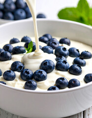 Deep purple blueberries are being gently folded into creamy white batter in a ceramic bowl, for baking.