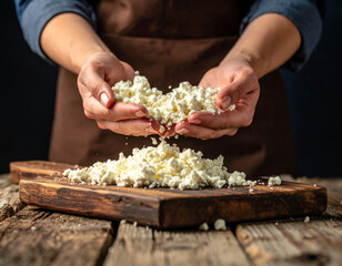Creamy white cheese is being crumbled with fingers over a rustic wooden board, ready to be used.