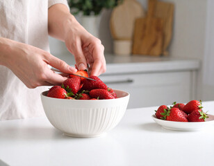 Deep red strawberries are being hulled with a small knife over a white ceramic bowl, for a dessert.