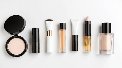 Flatlay Cosmetics Composition Powder, Lipstick, Serum and more, Beauty Products, Makeup Arrangement Beauty Products, Flatlay