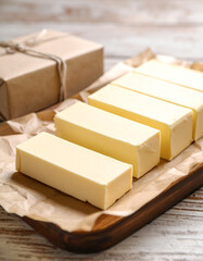 Creamy white butter is being cubed with a knife on a parchment-lined tray, ready for baking.