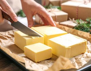 Creamy white butter is being cubed with a knife on a parchment-lined tray, ready for baking.