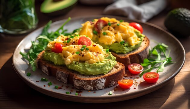 avocado on toast with scrambled eggs - Powered by Adobe