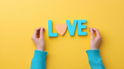 Fototapeta premium Flatlay Teal LOVE Letters and Peach Heart on Yellow, Love Concept, Valentine's Day Valentine's Day, Love